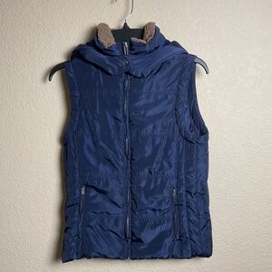 The Zenana Womens‎ Small Navy w/Brown Sherpa Collar Full Zip Hooded Puffer Vest